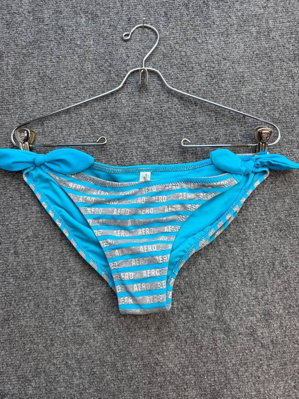 Aeropostale Women's L Turquoise Gray Logo Stripe Side Tie Bikini Bottom NWT